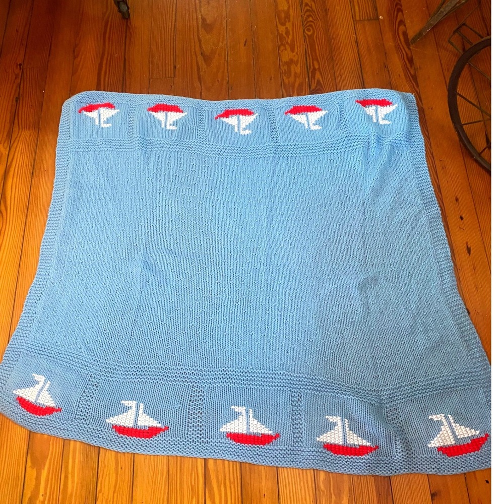 Handmade Knit Baby Blanket Light Blue Nautical Sailboat Nursery Throw
